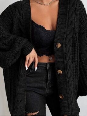 Black Cable Knit Button-Front Sweater Cardigan